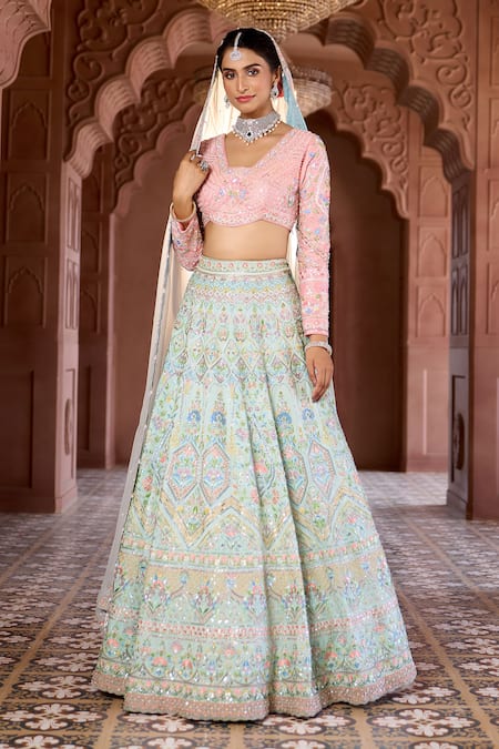 Buy_Aariyana Couture_Blue Silk, Viscose Embroidery, Tassels V-neck Raw Bridal Lehenga Set 