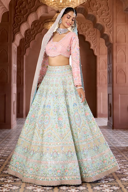 Shop_Aariyana Couture_Blue Silk, Viscose Embroidery, Tassels V-neck Raw Bridal Lehenga Set 