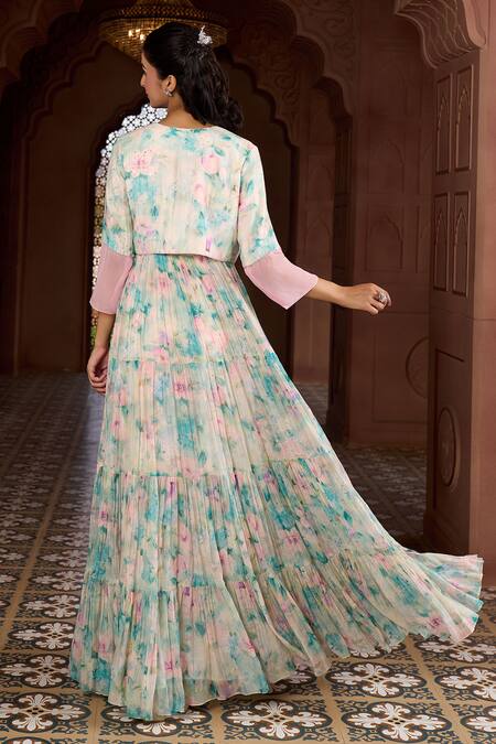 Shop Aariyana Couture Multi Color Cotton, Organza, Muslin Lily Print Tiered Tunic With Cropped Jacket at Aza Fashions Shop_Aariyana Couture_Multi Color Cotton, Organza, Muslin Lily Print Tiered Tunic With Cropped Jacket_at_Aza_Fashions
