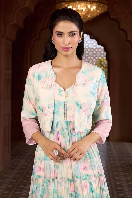 Aariyana Couture Multi Color Cotton, Organza, Muslin Lily Print Tiered Tunic With Cropped Jacket Online at Aza Fashions Aariyana Couture_Multi Color Cotton, Organza, Muslin Lily Print Tiered Tunic With Cropped Jacket_Online_at_Aza_Fashions