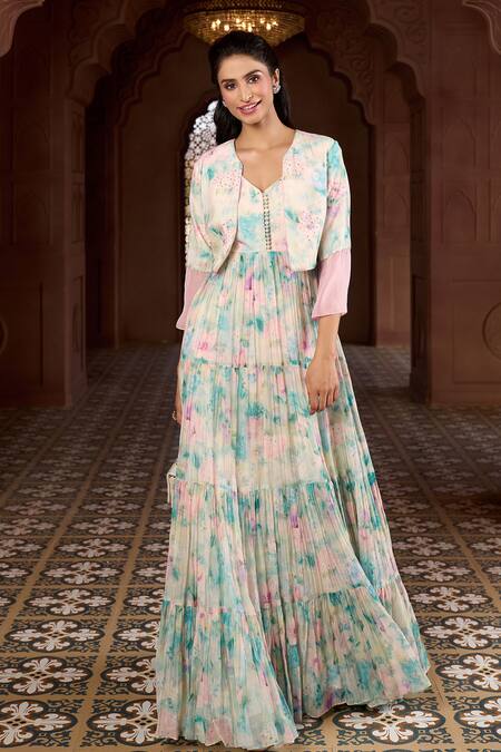 Buy Aariyana Couture Multi Color Cotton, Organza, Muslin Lily Print Tiered Tunic With Cropped Jacket Online at Aza Fashions Buy_Aariyana Couture_Multi Color Cotton, Organza, Muslin Lily Print Tiered Tunic With Cropped Jacket_Online_at_Aza_Fashions