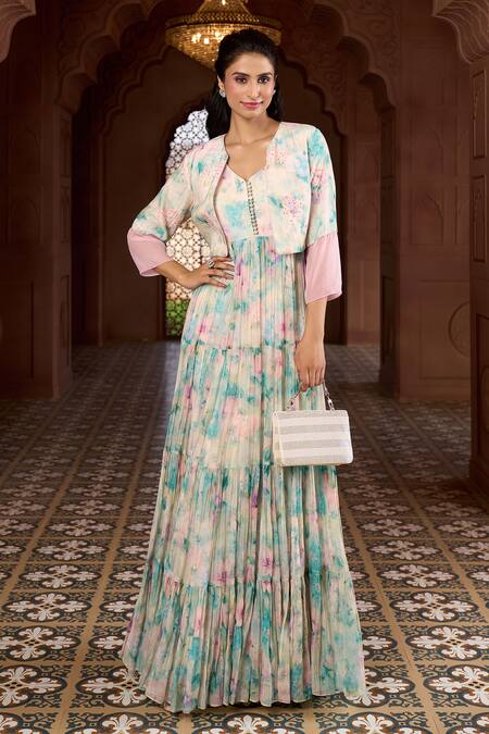 Shop Aariyana Couture Multi Color Cotton, Organza, Muslin Lily Print Tiered Tunic With Cropped Jacket Online at Aza Fashions Shop_Aariyana Couture_Multi Color Cotton, Organza, Muslin Lily Print Tiered Tunic With Cropped Jacket_Online_at_Aza_Fashions