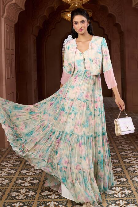 Aariyana Couture Multi Color Cotton, Organza, Muslin Lily Print Tiered Tunic With Cropped Jacket at Aza Fashions Aariyana Couture_Multi Color Cotton, Organza, Muslin Lily Print Tiered Tunic With Cropped Jacket_at_Aza_Fashions