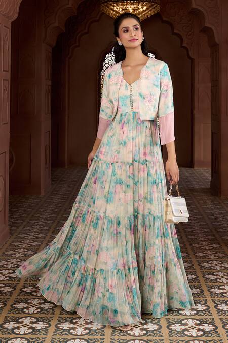 Buy Aariyana Couture Multi Color Cotton, Organza, Muslin Lily Print Tiered Tunic With Cropped Jacket Buy_Aariyana Couture_Multi Color Cotton, Organza, Muslin Lily Print Tiered Tunic With Cropped Jacket