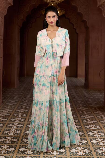 Shop Aariyana Couture Multi Color Cotton, Organza, Muslin Lily Print Tiered Tunic With Cropped Jacket Shop_Aariyana Couture_Multi Color Cotton, Organza, Muslin Lily Print Tiered Tunic With Cropped Jacket