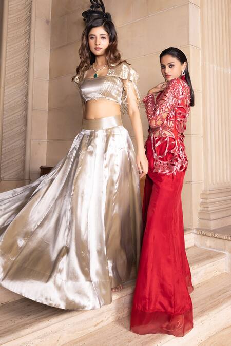 Buy_Tarisha Tholia_Red Organza, Silk Cut Work Aura Embroidered Jacket Sharara Set _Online_at_Aza_Fashions