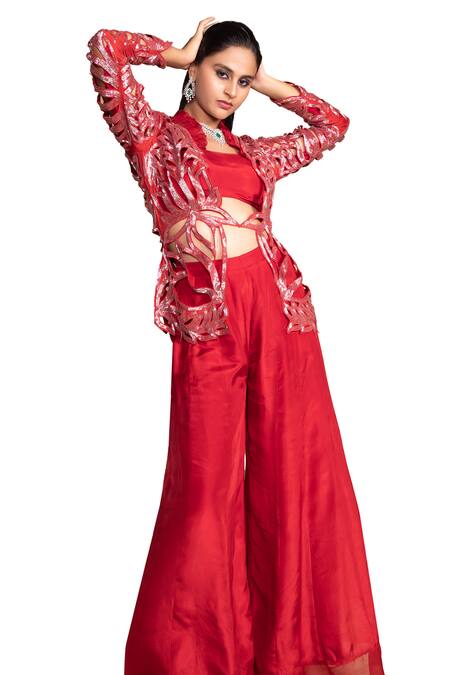 Tarisha Tholia_Red Organza, Silk Cut Work Aura Embroidered Jacket Sharara Set _at_Aza_Fashions