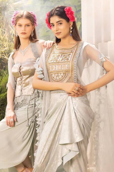 Tarisha Tholia_Blue Satin, Linen Sequins Bea Placement Embroidered Cape With Draped Skirt Set _Online_at_Aza_Fashions