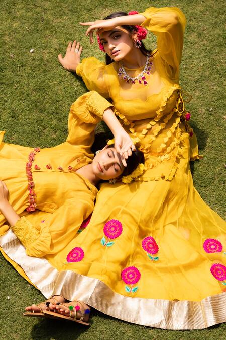 Shop Tarisha Tholia Yellow Organza, Satin Embroidery Round Neck Blossom Kurta Lehenga Set Online at Aza Fashions Shop_Tarisha Tholia_Yellow Organza, Satin Embroidery Round Neck Blossom Kurta Lehenga Set _Online_at_Aza_Fashions