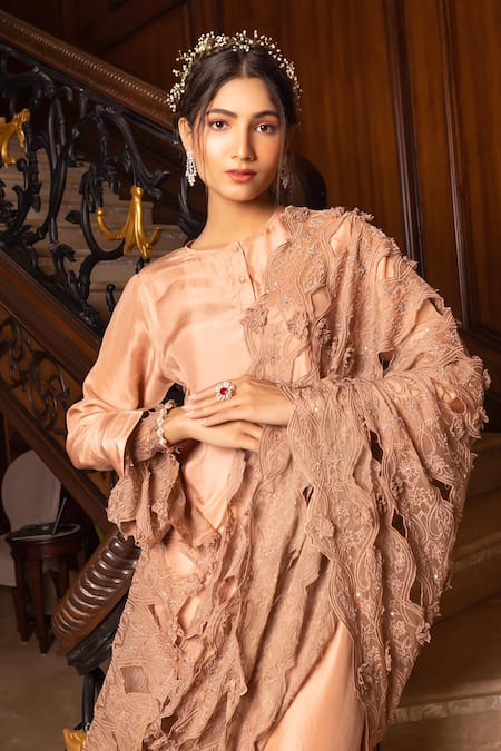 Buy Tarisha Tholia Pink Silk, Organza Embroidery Round Neck Dayton Hand Kurta And Pant Set Online at Aza Fashions Buy_Tarisha Tholia_Pink Silk, Organza Embroidery Round Neck Dayton Hand Kurta And Pant Set _Online_at_Aza_Fashions