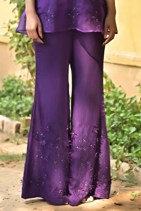Tarisha Tholia Purple Organza, Satin, Linen Embroidery, Cut Work, Sequins Diane Kurta Pant Set Online at Aza Fashions Tarisha Tholia_Purple Organza, Satin, Linen Embroidery, Cut Work, Sequins Diane Kurta Pant Set _Online_at_Aza_Fashions