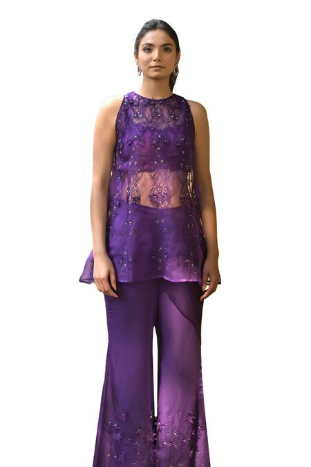 Buy Tarisha Tholia Purple Organza, Satin, Linen Embroidery, Cut Work, Sequins Diane Kurta Pant Set Online at Aza Fashions Buy_Tarisha Tholia_Purple Organza, Satin, Linen Embroidery, Cut Work, Sequins Diane Kurta Pant Set _Online_at_Aza_Fashions