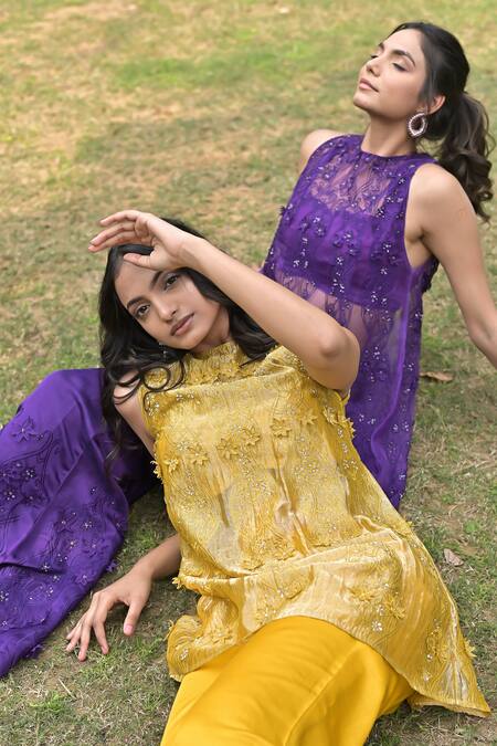 Shop_Tarisha Tholia_Purple Organza, Satin, Linen Embroidery, Cut Work, Sequins Diane Kurta Pant Set _Online_at_Aza_Fashions