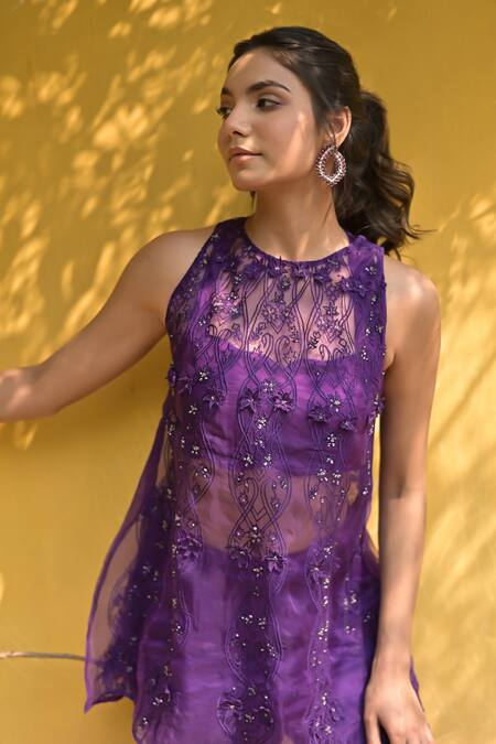 Tarisha Tholia_Purple Organza, Satin, Linen Embroidery, Cut Work, Sequins Diane Kurta Pant Set _at_Aza_Fashions