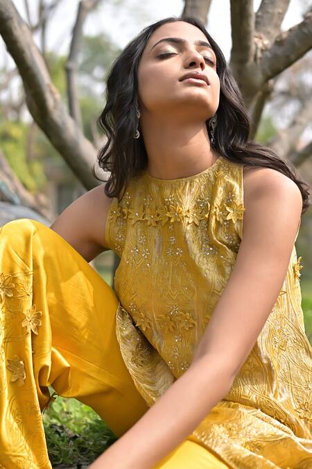 Shop_Tarisha Tholia_Yellow Tissue, Satin, Linen Embroidery Round Neck, Diane Hand Kurta Pant Set _Online_at_Aza_Fashions