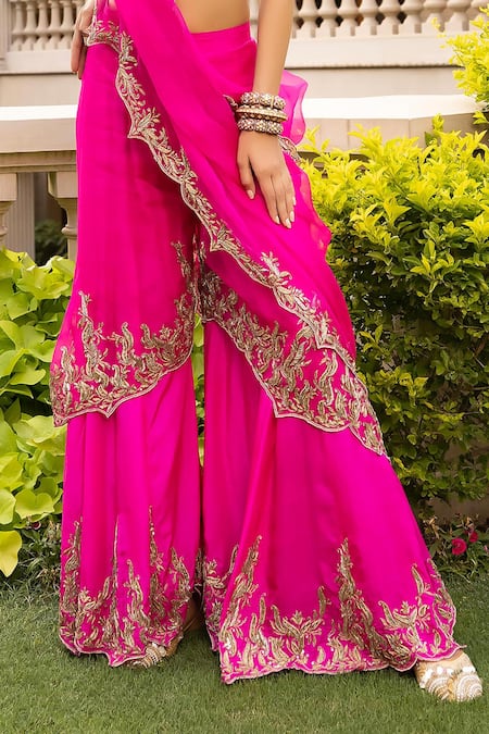 Shop_Tarisha Tholia_Fuchsia Silk, Organza Embroidery, Zari Sweetheart Dune Hand Blouse Sharara Set _Online_at_Aza_Fashions