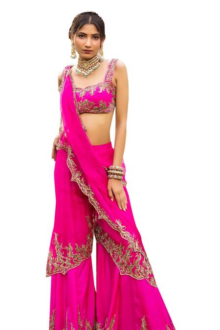 Buy_Tarisha Tholia_Fuchsia Silk, Organza Embroidery, Zari Sweetheart Dune Hand Blouse Sharara Set 