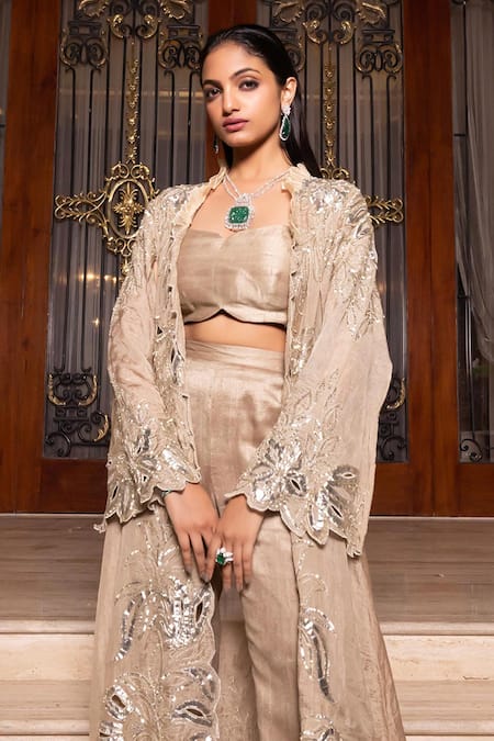 Buy_Tarisha Tholia_Beige Silk, Tissue Gota Patti, Sequins Open Neck, Sweetheart Gemma Jacket Set _Online_at_Aza_Fashions