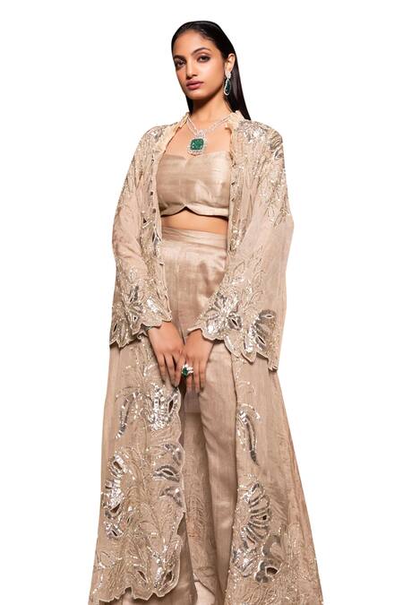 Shop_Tarisha Tholia_Beige Silk, Tissue Gota Patti, Sequins Open Neck, Sweetheart Gemma Jacket Set _Online_at_Aza_Fashions
