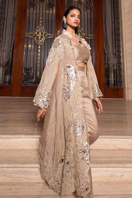 Tarisha Tholia_Beige Silk, Tissue Gota Patti, Sequins Open Neck, Sweetheart Gemma Jacket Set _at_Aza_Fashions