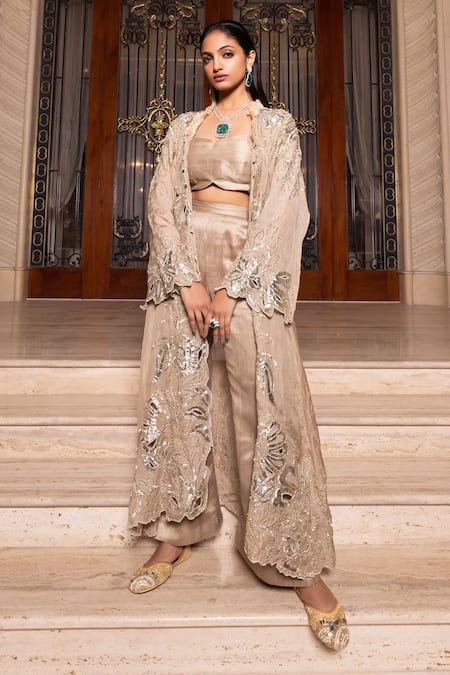 Tarisha Tholia Beige Tissue Hand Embroidered Gota Jacket Open Neck Gemma Set 