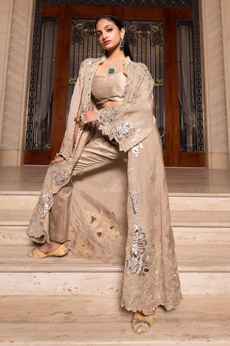 Shop_Tarisha Tholia_Beige Silk, Tissue Gota Patti, Sequins Open Neck, Sweetheart Gemma Jacket Set _at_Aza_Fashions