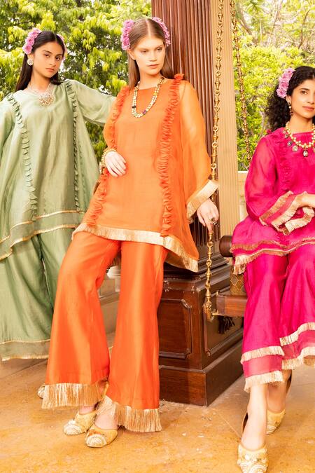 Tarisha Tholia_Orange Organza, Chanderi, Satin, Linen Tassels, June Plain Kurta And Pant Set _Online_at_Aza_Fashions