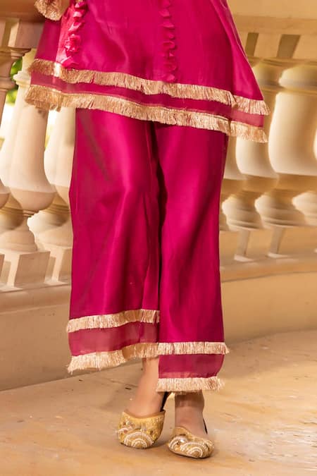 Buy_Tarisha Tholia_Fuchsia Cotton, Organza, Chanderi Tassels Round June Solid Kurta And Pant Set _Online_at_Aza_Fashions