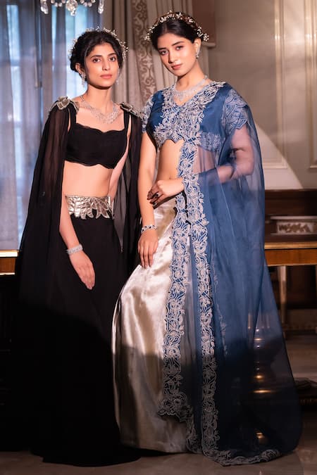 Tarisha Tholia_Blue Organza, Brocade, Silk Sequins, Leo Hand Embroidered Blouse Lehenga Set _Online_at_Aza_Fashions