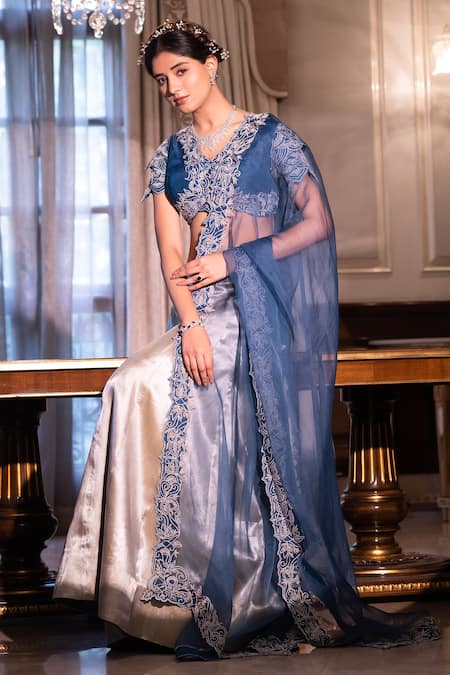 Tarisha Tholia Blue Organza Hand Embroidered Dori V Neck Leo Blouse Lehenga Set 