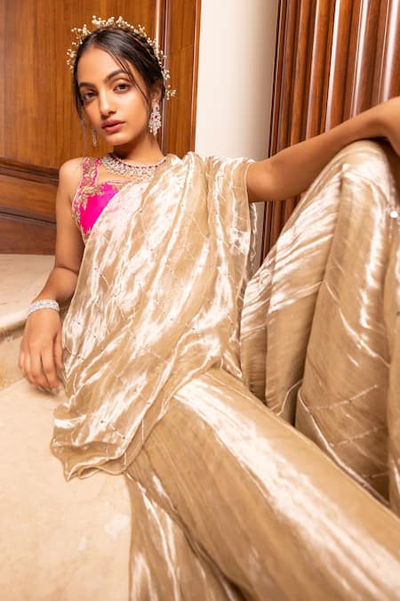Tarisha Tholia Beige Satin, Linen, Tissue Embroidery, Luna Hand Sharara Saree With Blouse Online at Aza Fashions Tarisha Tholia_Beige Satin, Linen, Tissue Embroidery, Luna Hand Sharara Saree With Blouse _Online_at_Aza_Fashions