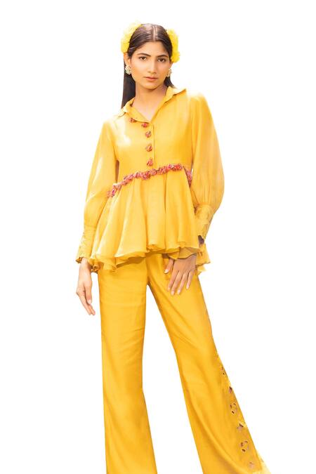 Shop_Tarisha Tholia_Yellow Organza, Chanderi Tassels, Embroidery Meheri Peplum Top And Pant Set _Online_at_Aza_Fashions