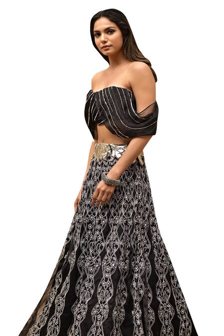 Tarisha Tholia_Black Organza, Satin Gota Ophelia Hand Embroidered Lehenga With Draped Blouse _Online_at_Aza_Fashions