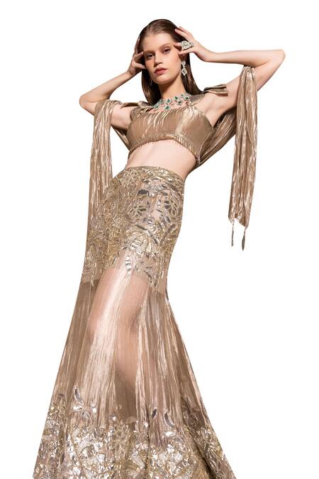 Buy_Tarisha Tholia_Beige Satin, Linen, Tissue Gota Phoebe Hand Embellished Blouse Lehenga Set _Online_at_Aza_Fashions