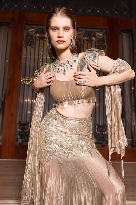 Shop_Tarisha Tholia_Beige Satin, Linen, Tissue Gota Phoebe Hand Embellished Blouse Lehenga Set _Online_at_Aza_Fashions