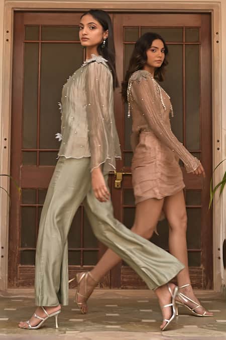 Tarisha Tholia_Blue Tissue, Satin, Linen Rhinestones, Priya Hand Embellished Jacket And Pant Set _Online_at_Aza_Fashions