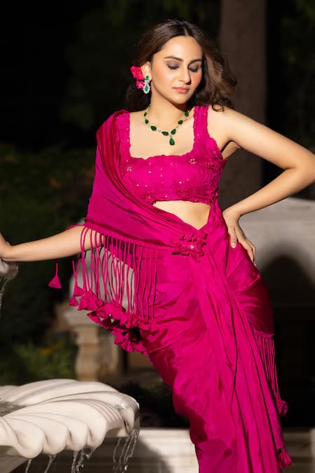 Tarisha Tholia Rose Pre-Draped Saree With Embroidered Blouse 