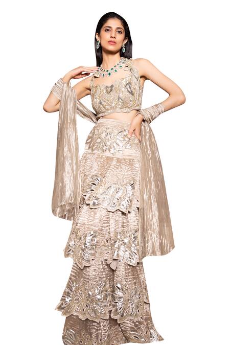 Shop Tarisha Tholia Beige Tissue, Satin, Linen Gota Patti, Stella Hand Embroidered Lehenga Set Online at Aza Fashions Shop_Tarisha Tholia_Beige Tissue, Satin, Linen Gota Patti, Stella Hand Embroidered Lehenga Set _Online_at_Aza_Fashions