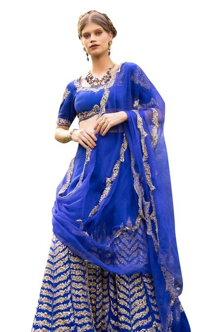 Buy_Tarisha Tholia_Blue Organza, Satin, Linen Suvi Hand Embroidered Sharara Saree With Blouse _Online_at_Aza_Fashions