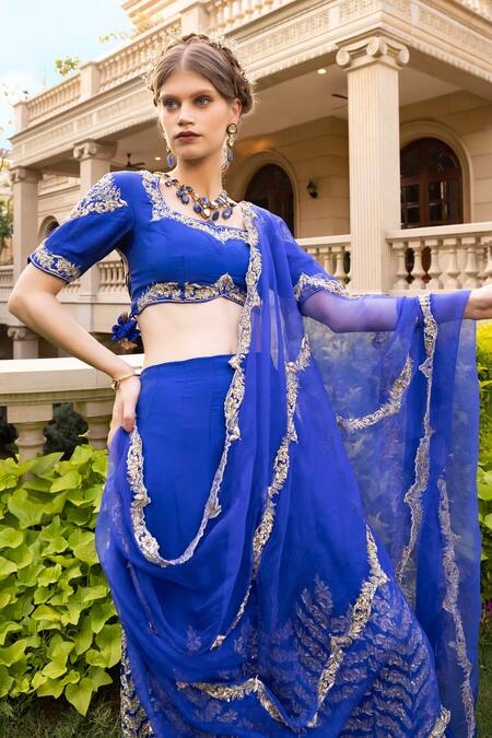 Shop_Tarisha Tholia_Blue Organza, Satin, Linen Suvi Hand Embroidered Sharara Saree With Blouse _Online_at_Aza_Fashions