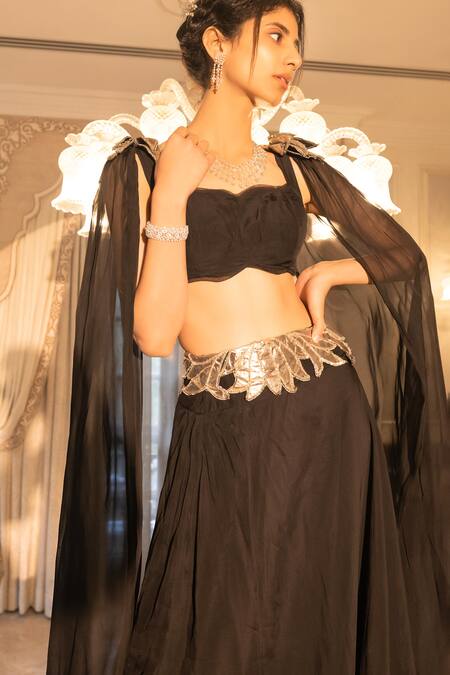 Tarisha Tholia_Black Silk Organza Gota Patti, Vega Flared Sleeve Blouse And Lehenga Set _Online_at_Aza_Fashions