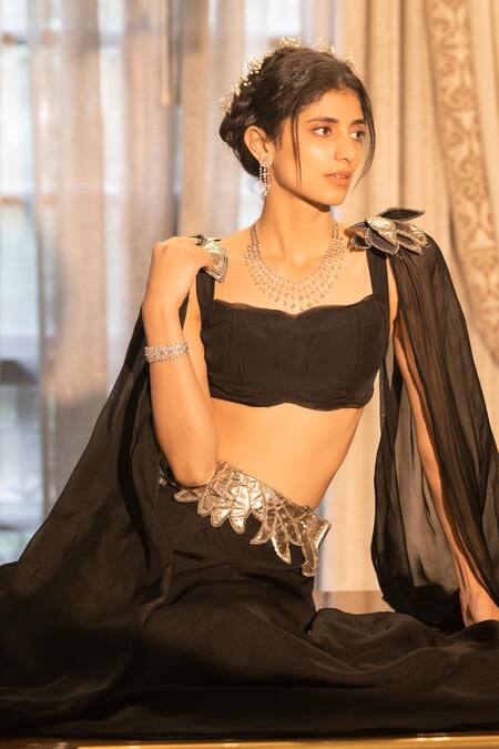 Buy_Tarisha Tholia_Black Silk Organza Gota Patti, Vega Flared Sleeve Blouse And Lehenga Set _Online_at_Aza_Fashions