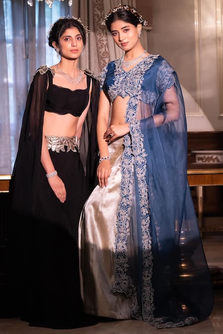 Shop_Tarisha Tholia_Black Silk Organza Gota Patti, Vega Flared Sleeve Blouse And Lehenga Set _Online_at_Aza_Fashions