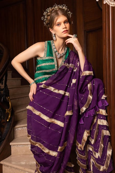 Tarisha Tholia_Purple Silk Organza, Satin Zahira Hand Embroidered Sharara Saree With Blouse _Online_at_Aza_Fashions