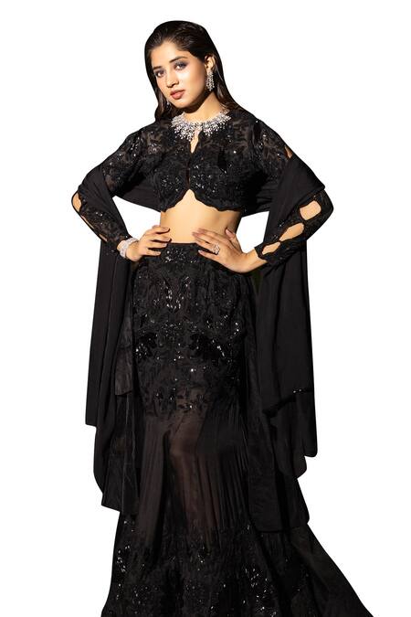Tarisha Tholia_Black Silk Organza, Satin Sequins, Cut Zia Hand Embroidered Fishtail Lehenga Set _Online_at_Aza_Fashions