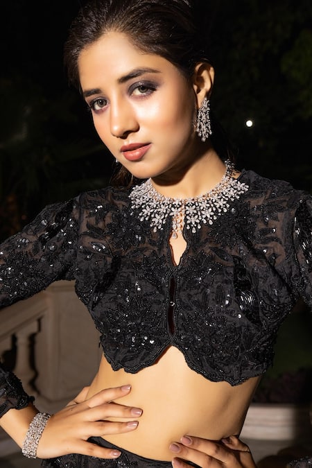 Buy_Tarisha Tholia_Black Silk Organza, Satin Sequins, Cut Zia Hand Embroidered Fishtail Lehenga Set _Online_at_Aza_Fashions