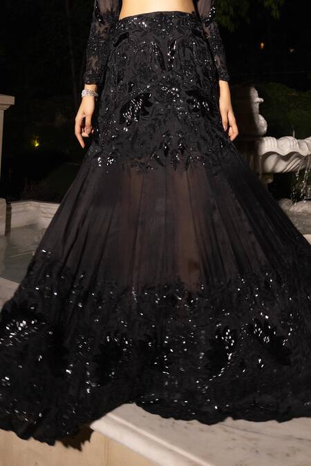 Buy_Tarisha Tholia_Black Silk Organza, Satin Sequins, Cut Zia Hand Embroidered Fishtail Lehenga Set 