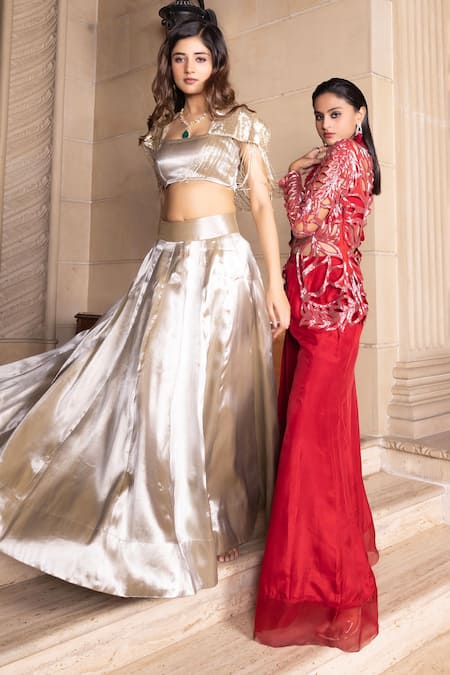 Shop_Tarisha Tholia_Silver Brocade Cut Work Square Neck Zia Hand Embroidered Short Cape Lehenga Set _Online_at_Aza_Fashions