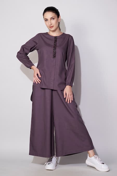 House of Manaa Stone Embroidered Placket Tunic With Palazzo 