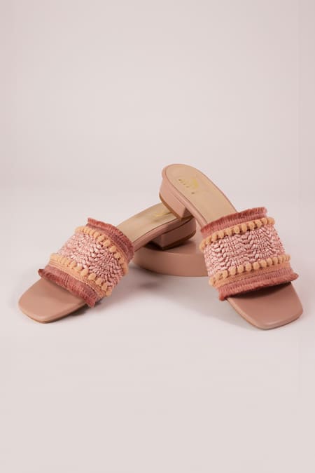 House Of Vian Beige Boho Thread Work Abstract Pattern Flats